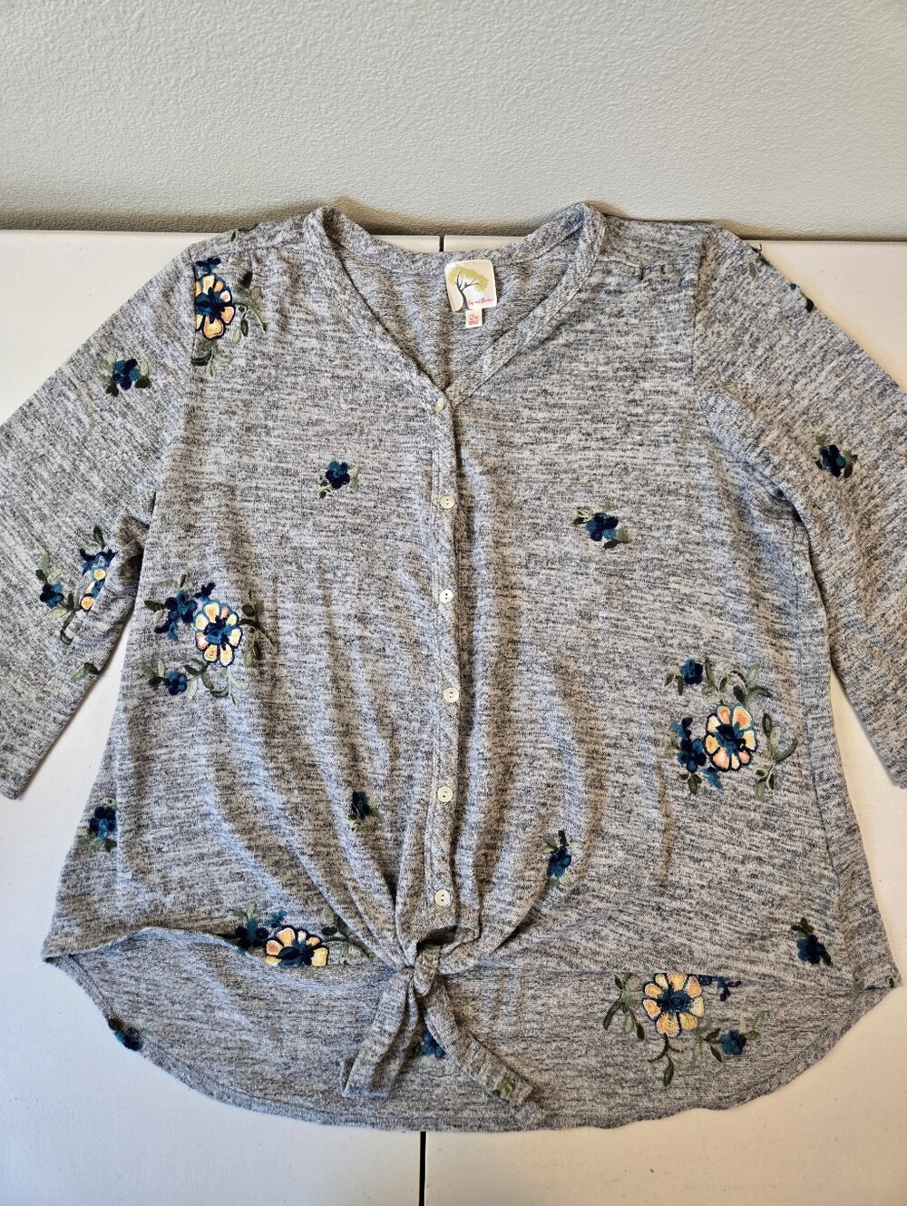 Fig and Flower Gray Floral Embroidered Tie-Front Lightweight Sweater 2X